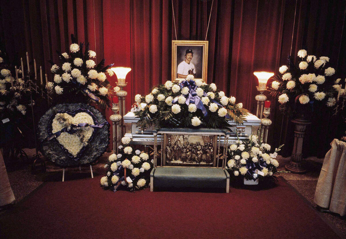AP_790805076.jpg This is a view inside McKinley room of Canton Memorial Civic Center in Canton, Ohio, where Thurman Munson’s body was on view in closed casket, Aug. 5, 1979. (AP Photo/Ray Stubblebine)